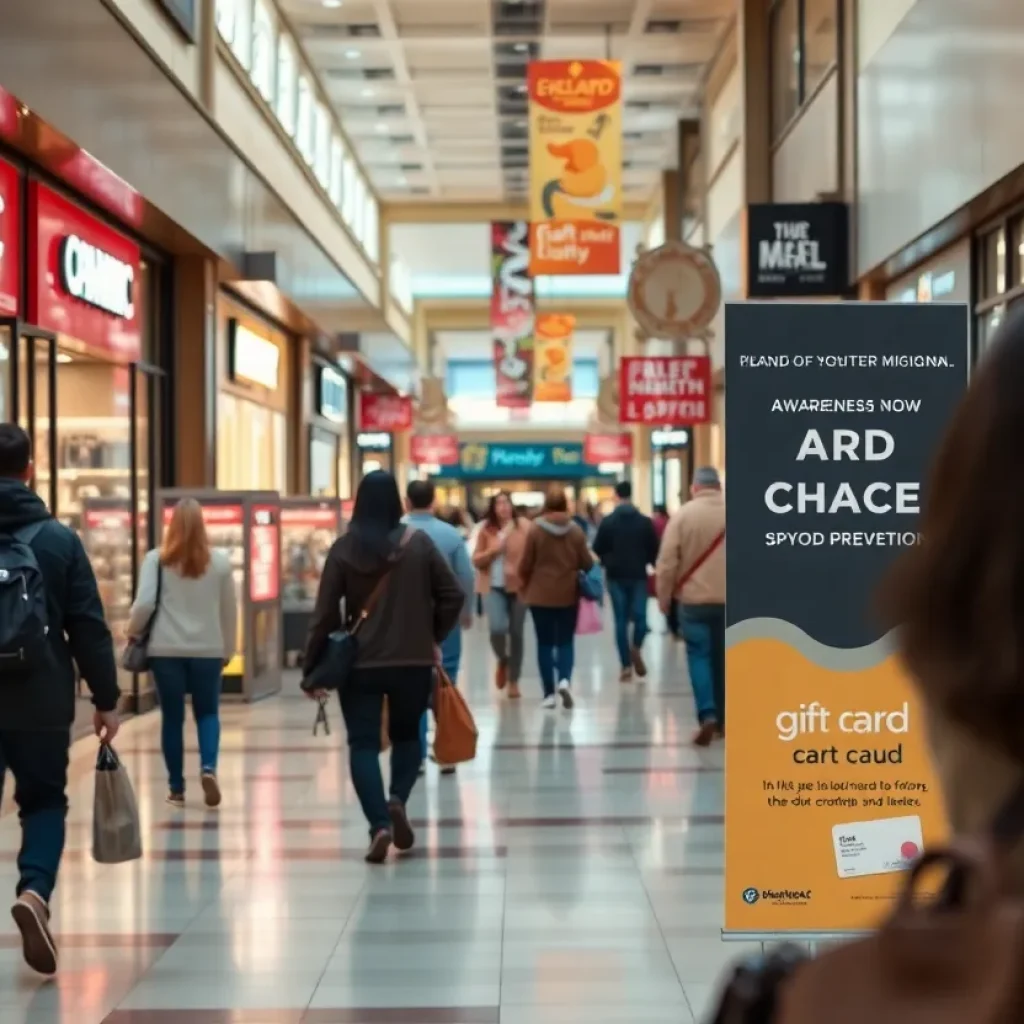 Retail stores in Dearborn with awareness signs for gift card fraud prevention.