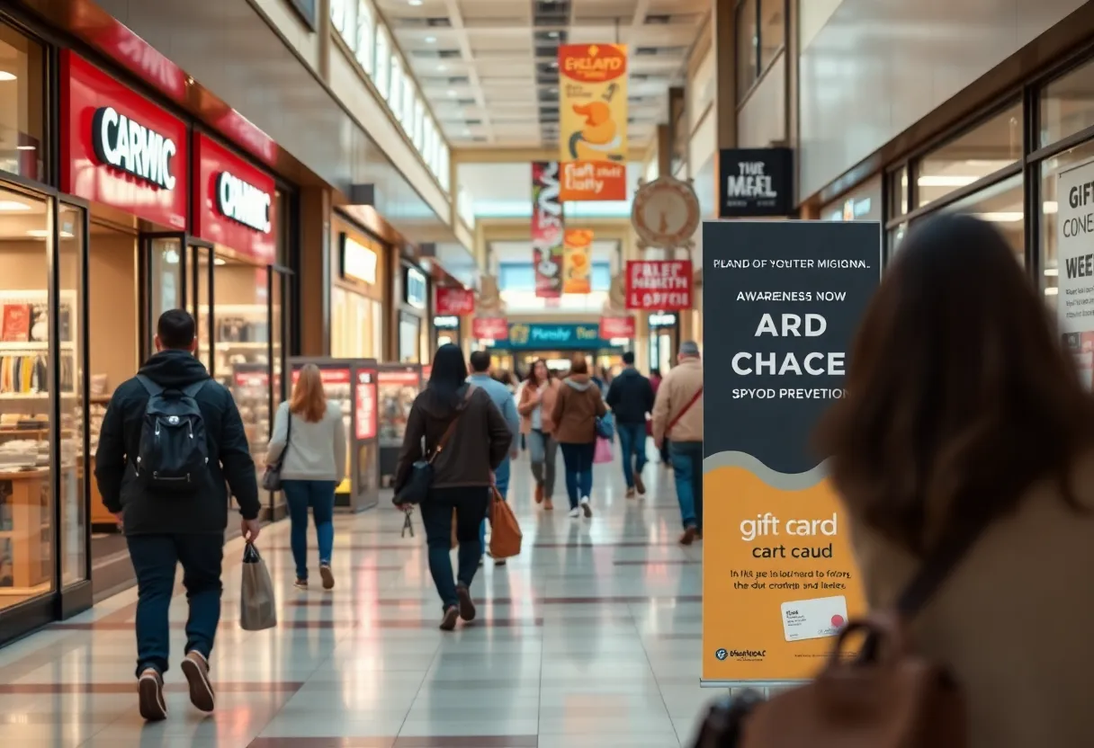 Retail stores in Dearborn with awareness signs for gift card fraud prevention.