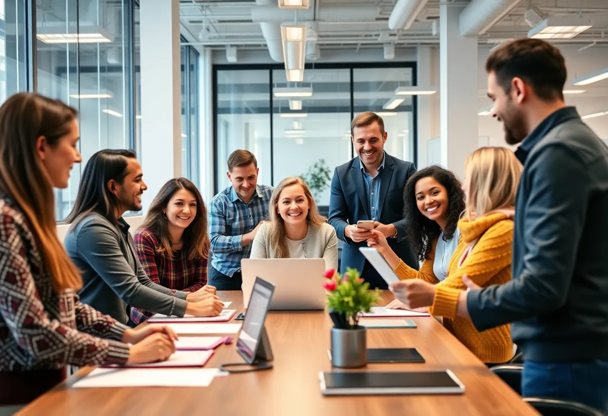 Group of employees working together in a modern office