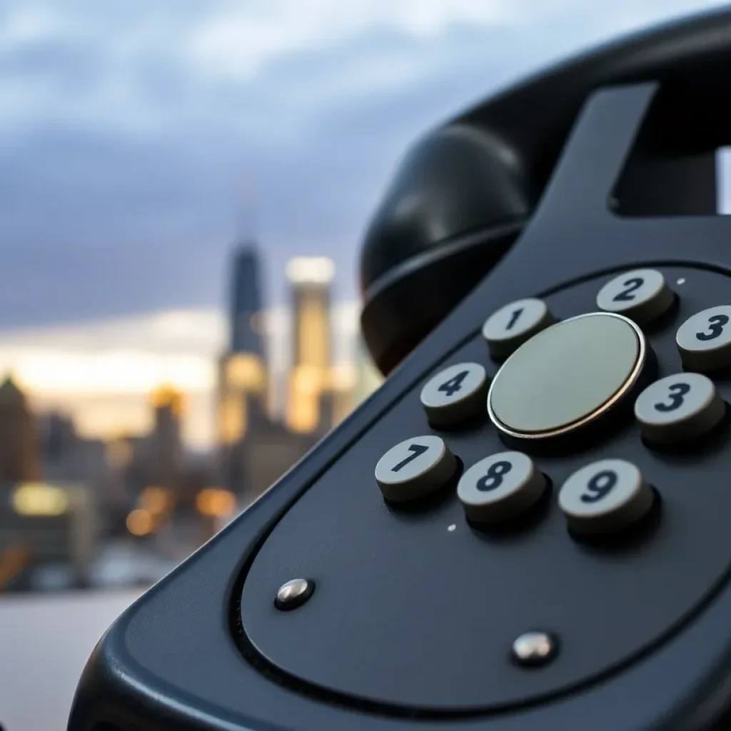 Detroit skyline with a vintage telephone