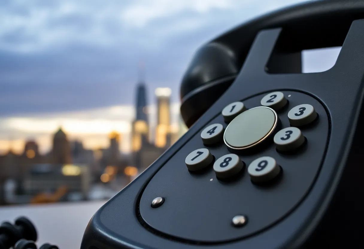 Detroit skyline with a vintage telephone