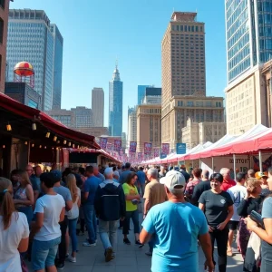 People enjoying Detroit's 313 Day festivities with food, music, and local attractions.