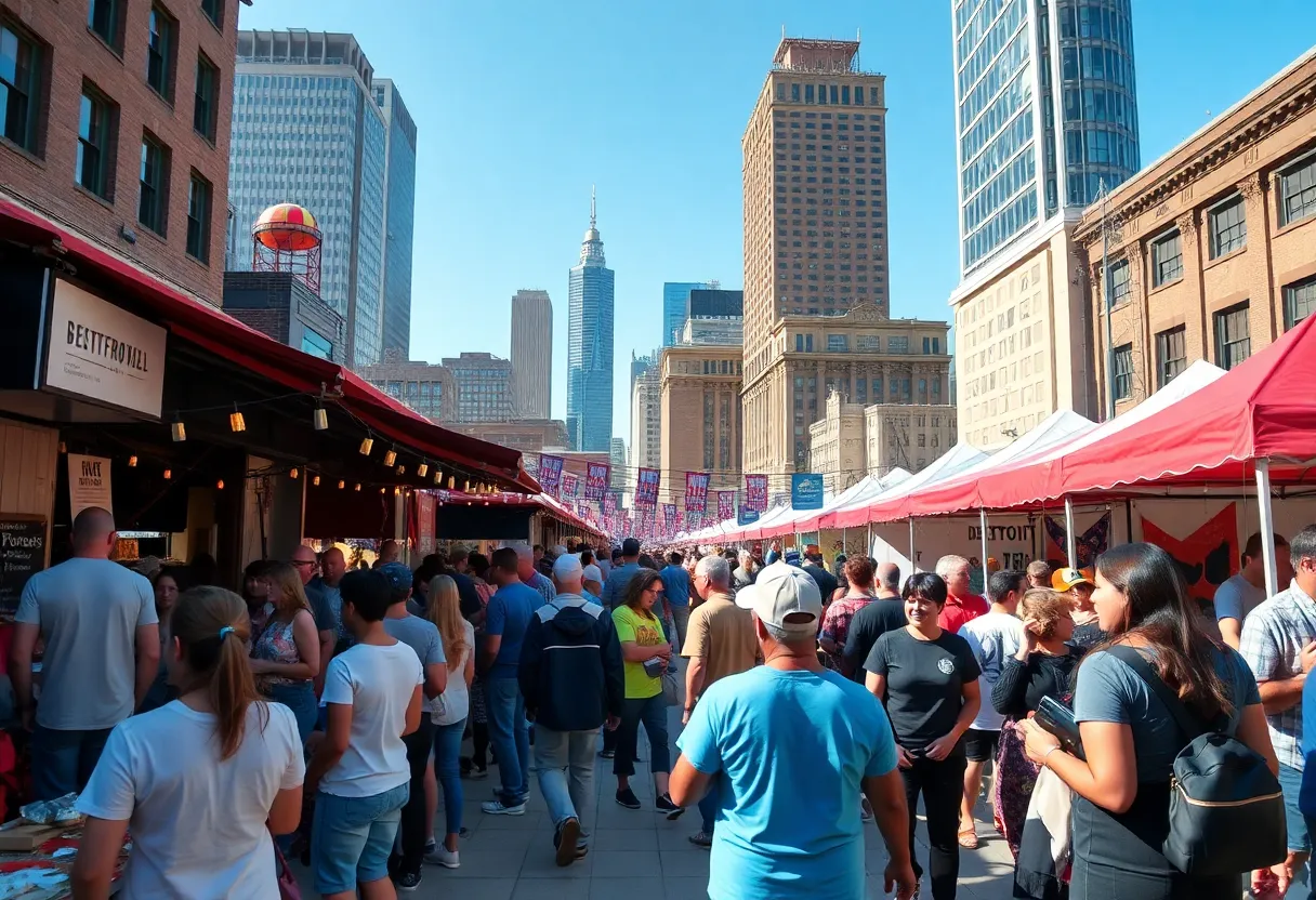 People enjoying Detroit's 313 Day festivities with food, music, and local attractions.