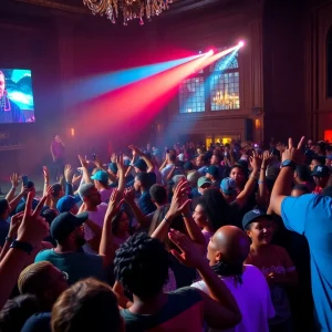 Crowd enjoying a live hip-hop concert at the Masonic Temple in Detroit.