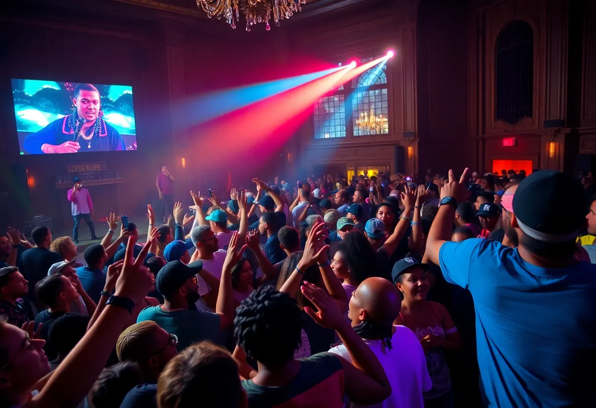 Crowd enjoying a live hip-hop concert at the Masonic Temple in Detroit.