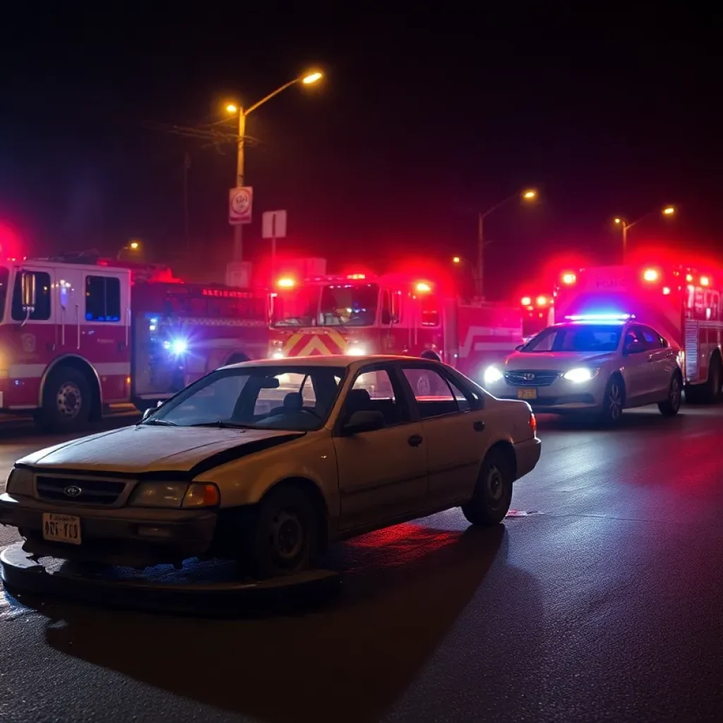 Burned-out car on Detroit street with emergency services present