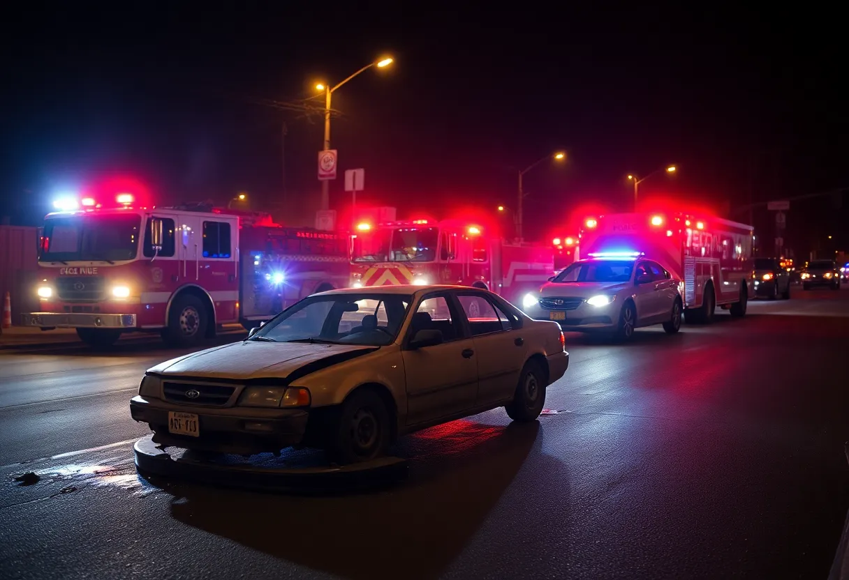 Burned-out car on Detroit street with emergency services present