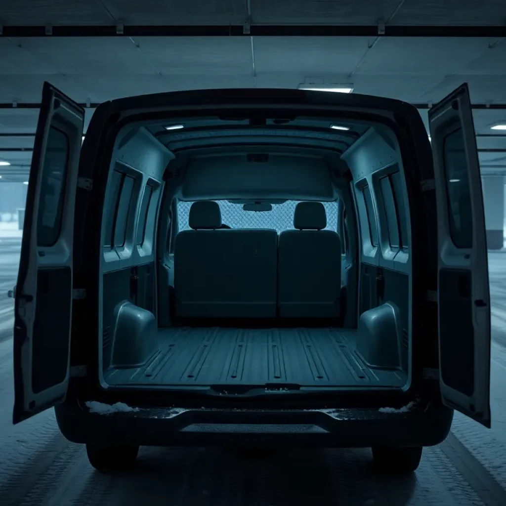 Empty van in a snowy parking garage signifying a tragic event.