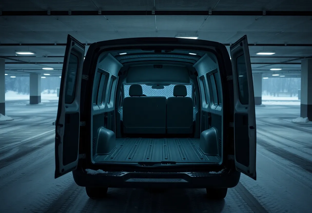 Empty van in a snowy parking garage signifying a tragic event.