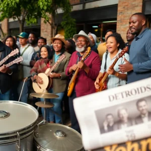 Community members honoring Luther Keith with musical instruments in Detroit.