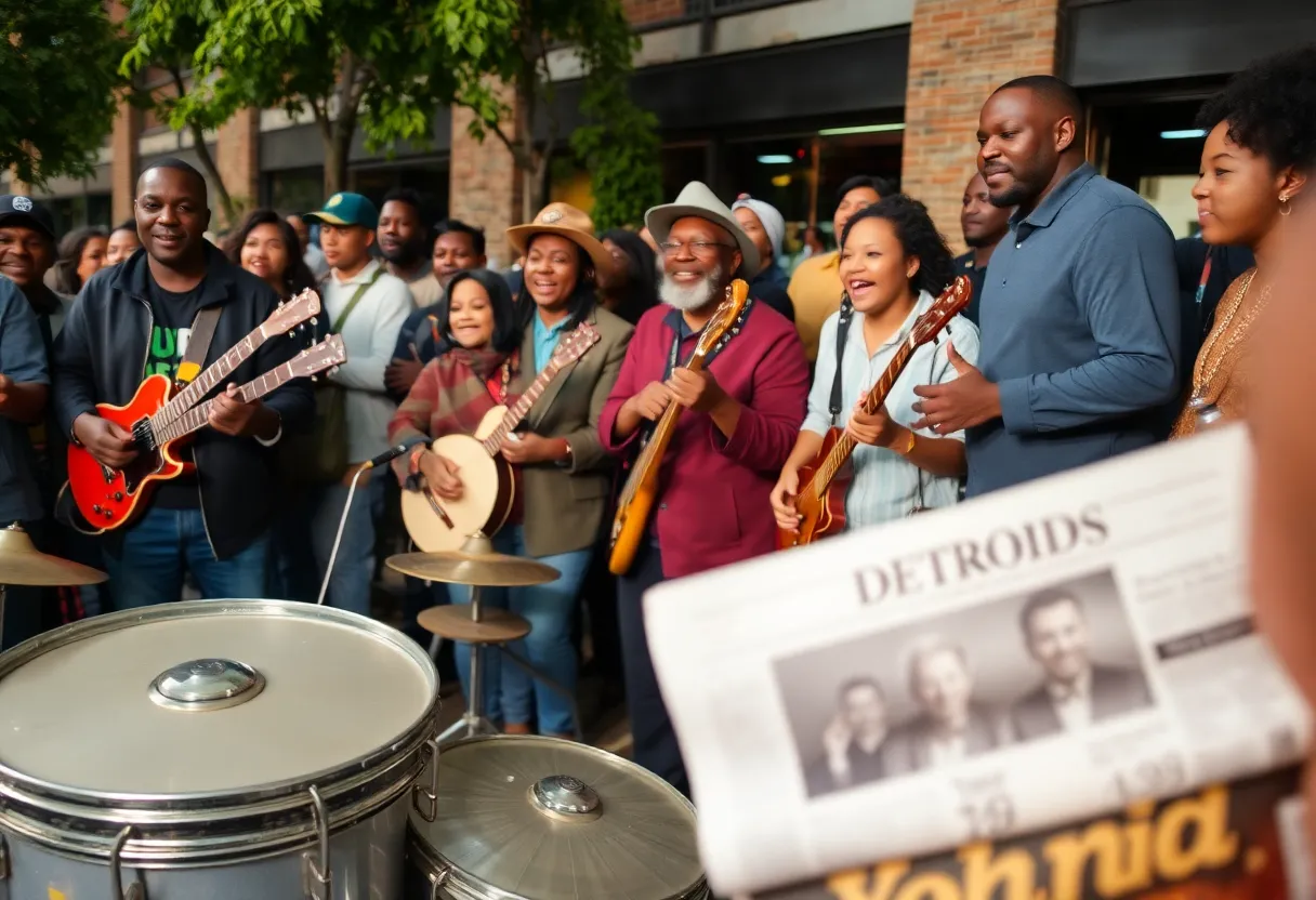 Community members honoring Luther Keith with musical instruments in Detroit.