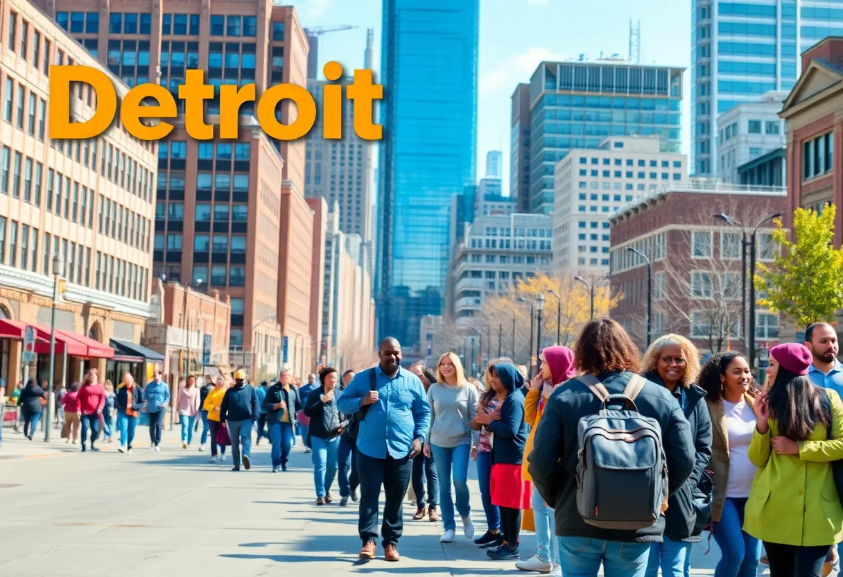 A diverse group of citizens engaging in community activities in Detroit.