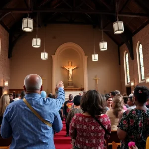 A gathering of people in a historic church in Detroit.