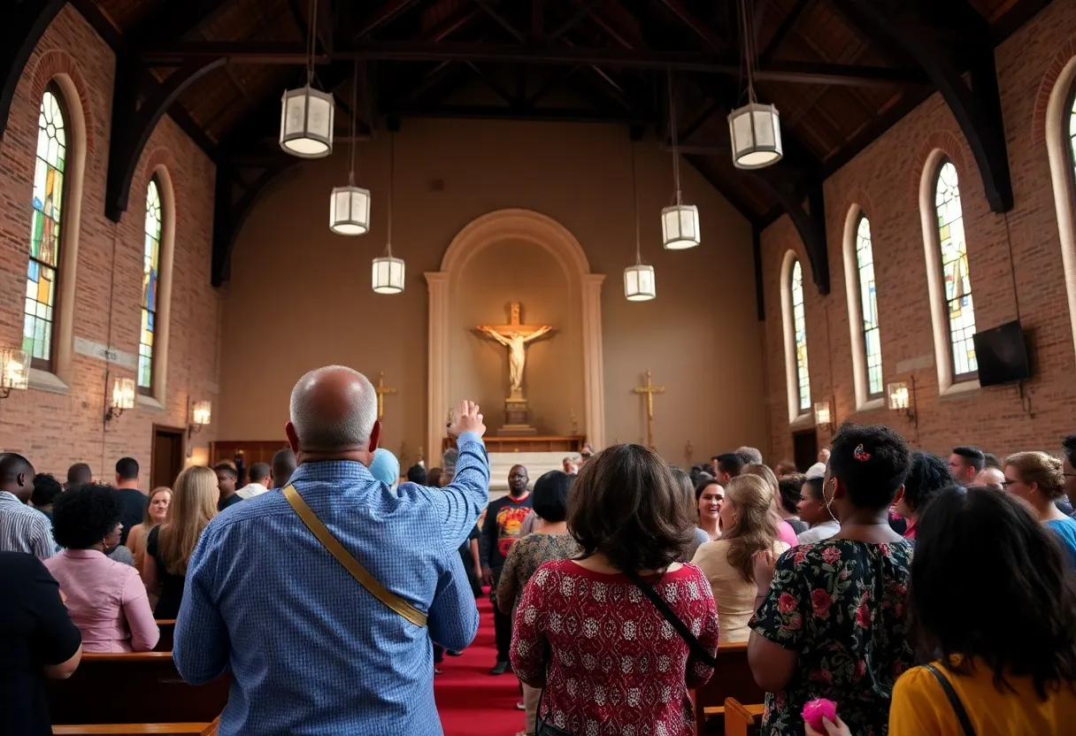 A gathering of people in a historic church in Detroit.