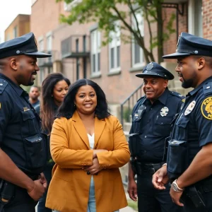 Police officers interacting with residents in Detroit