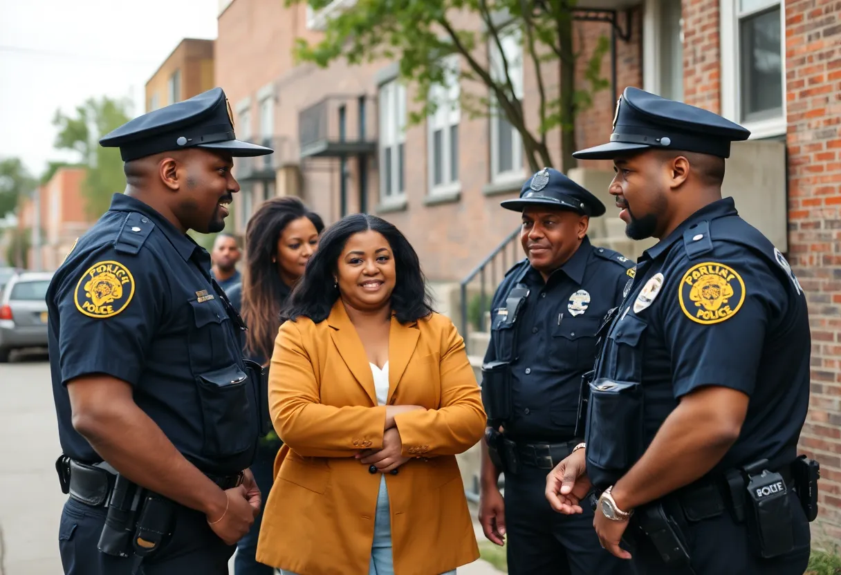 Police officers interacting with residents in Detroit