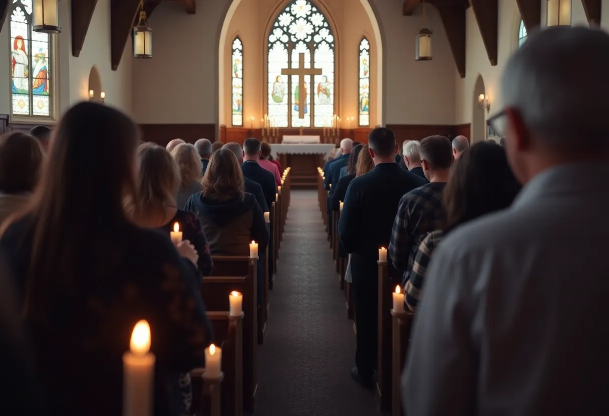 Worshippers praying in a chapel for the recovery of Pope Francis.