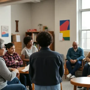 A vibrant community center in Detroit filled with individuals receiving support and guidance.