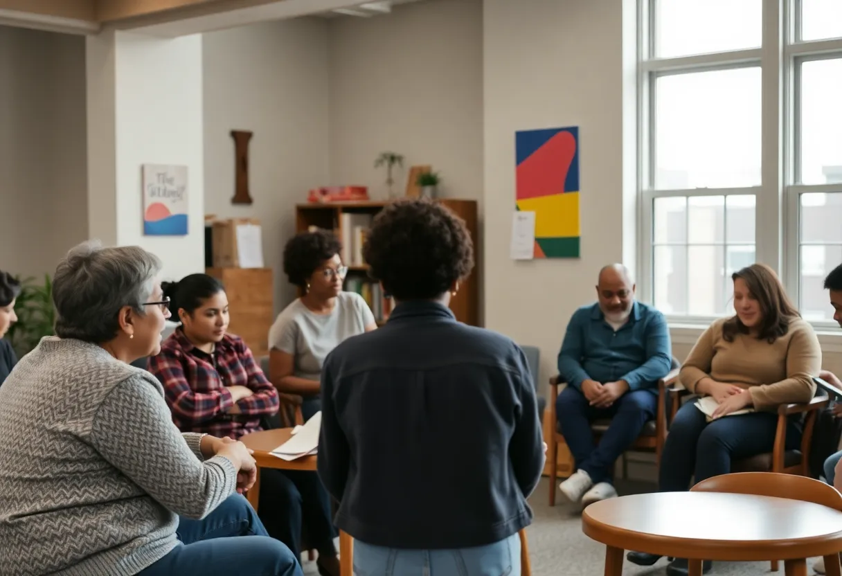 A vibrant community center in Detroit filled with individuals receiving support and guidance.