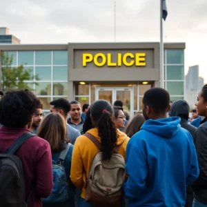 Community members gather outside a police station, advocating for missing youth safety.