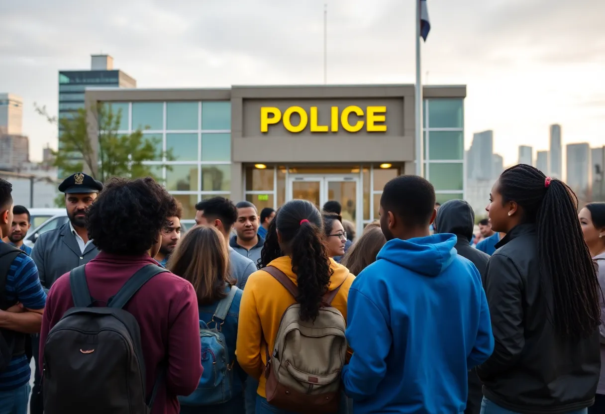 Community members gather outside a police station, advocating for missing youth safety.