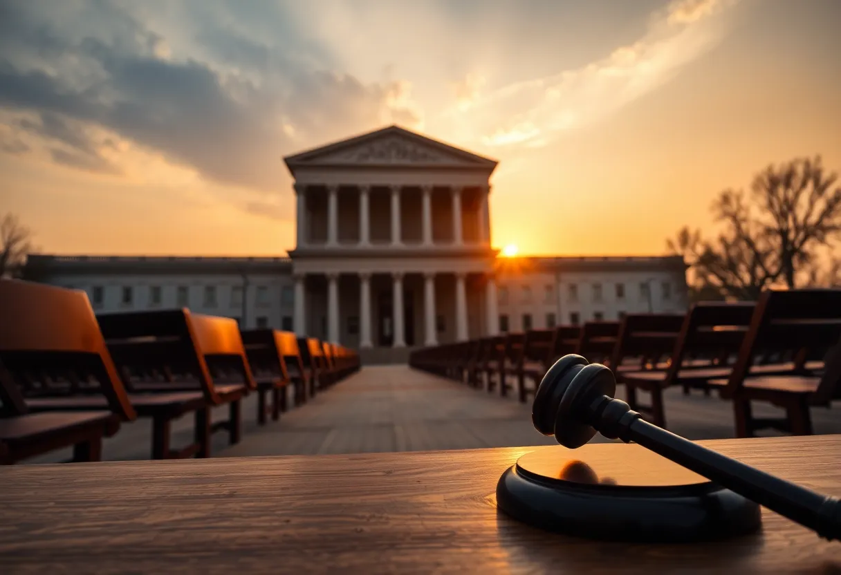 Sunset over the Detroit courthouse symbolizing judicial transition