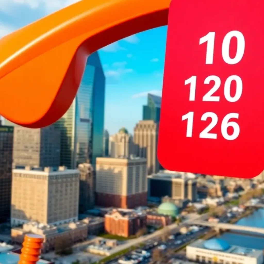 Detroit skyline with a telephone icon representing 10-digit dialing