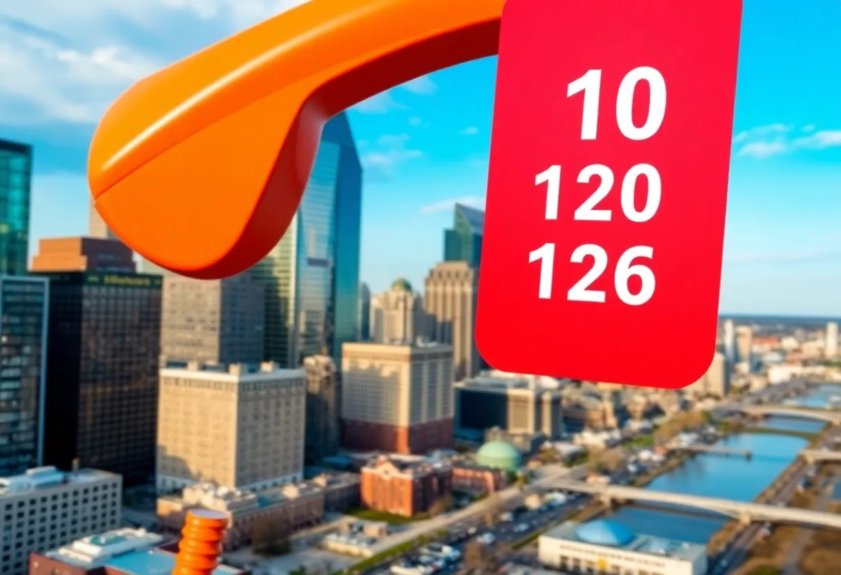 Detroit skyline with a telephone icon representing 10-digit dialing