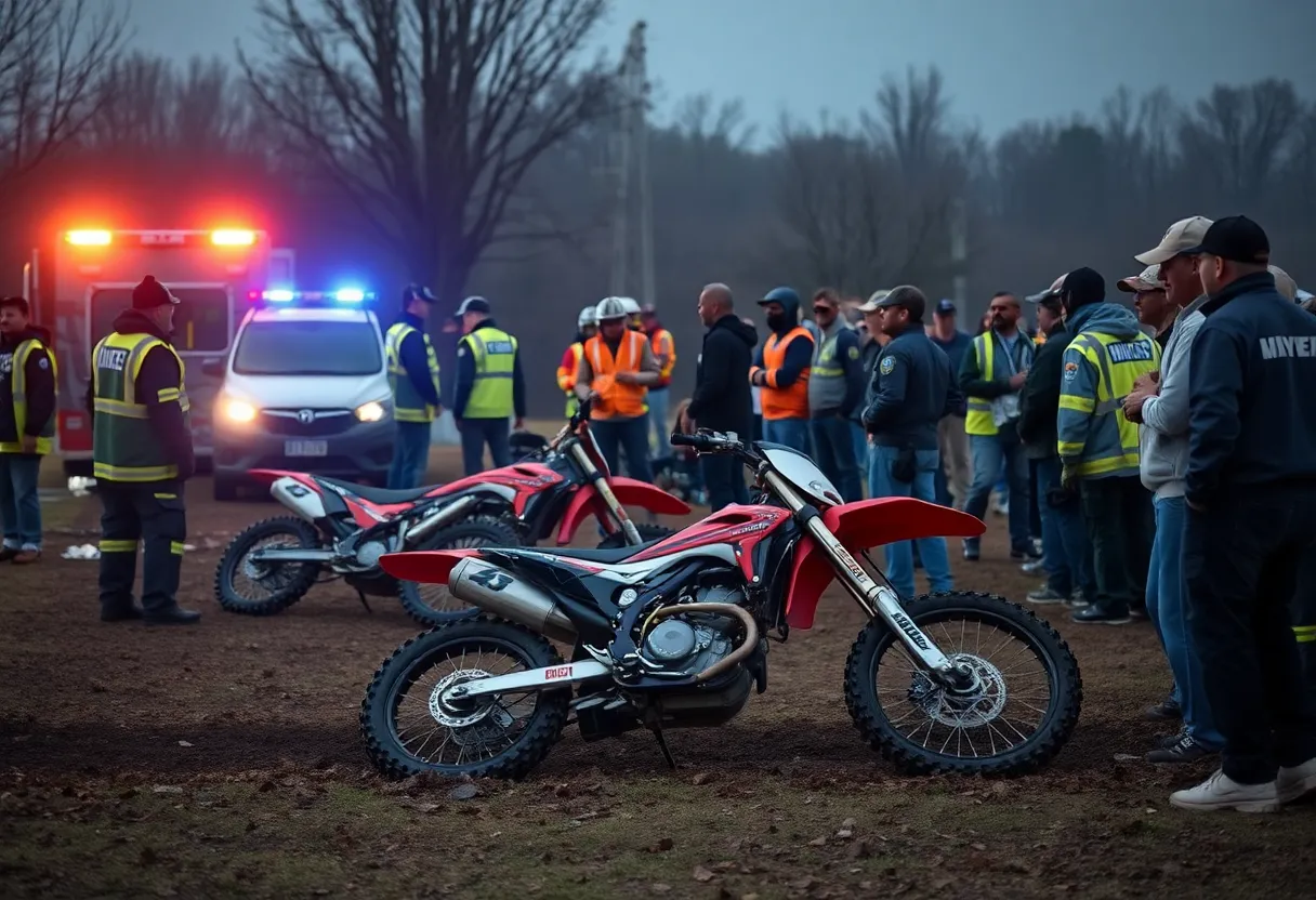 Scene of a dirt bike accident with emergency responders and community members