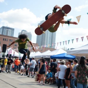 People enjoying the Cartoons & Stereo Festival in Detroit with skateboarding and music.