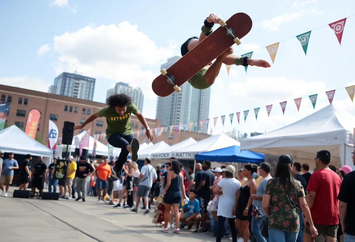 People enjoying the Cartoons & Stereo Festival in Detroit with skateboarding and music.