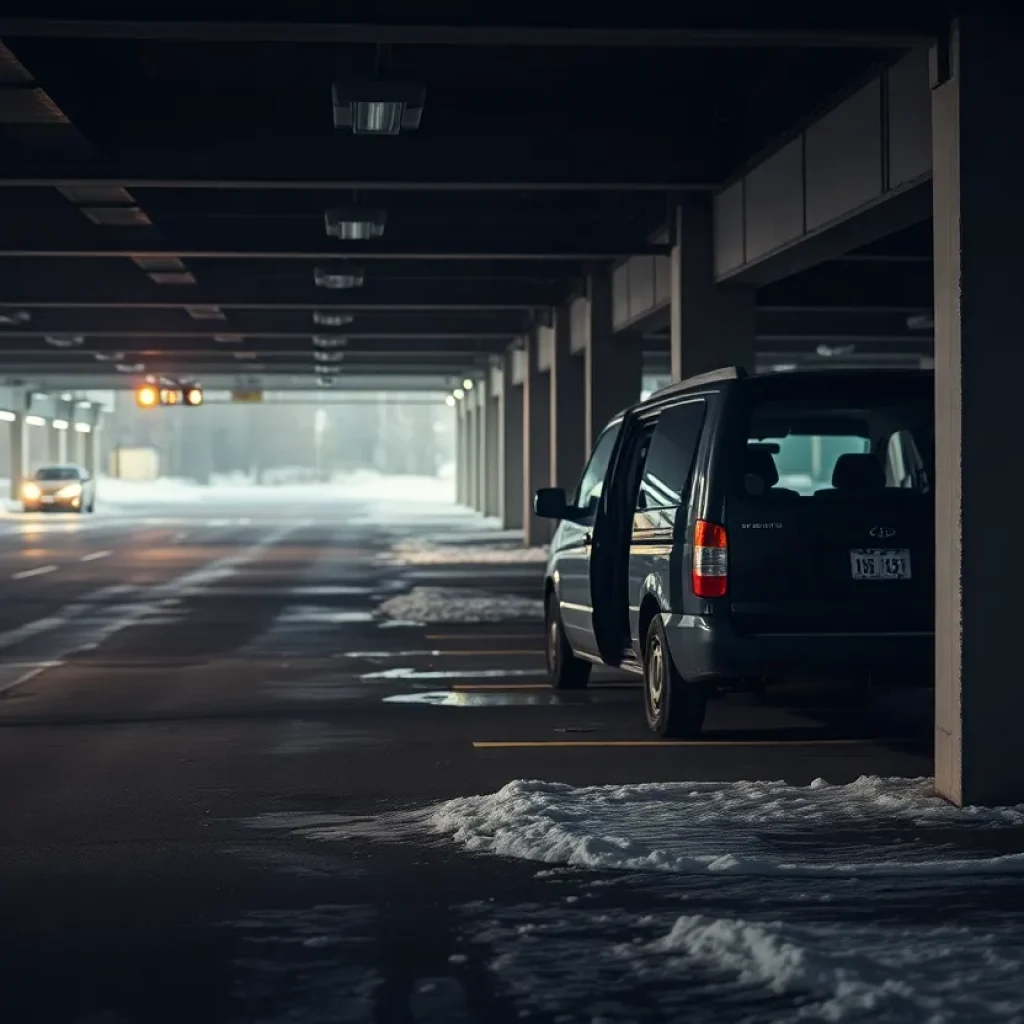 Parked vehicle in a Detroit parking garage depicting homelessness issues.