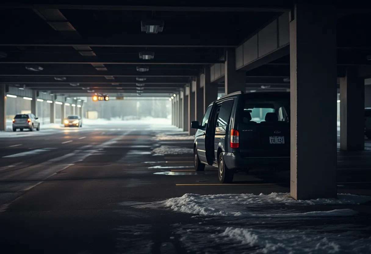 Parked vehicle in a Detroit parking garage depicting homelessness issues.