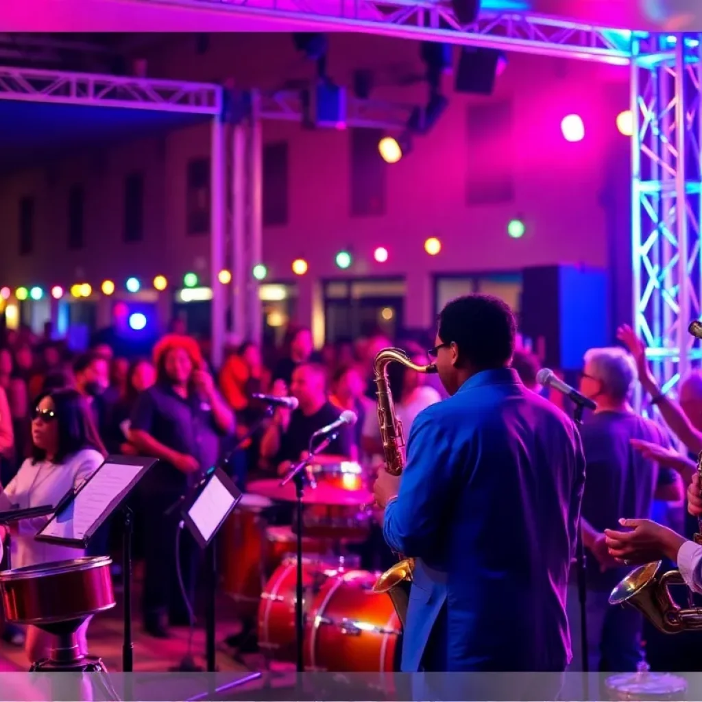 A lively scene from the Detroit Jazz Festival featuring musicians and festival-goers.