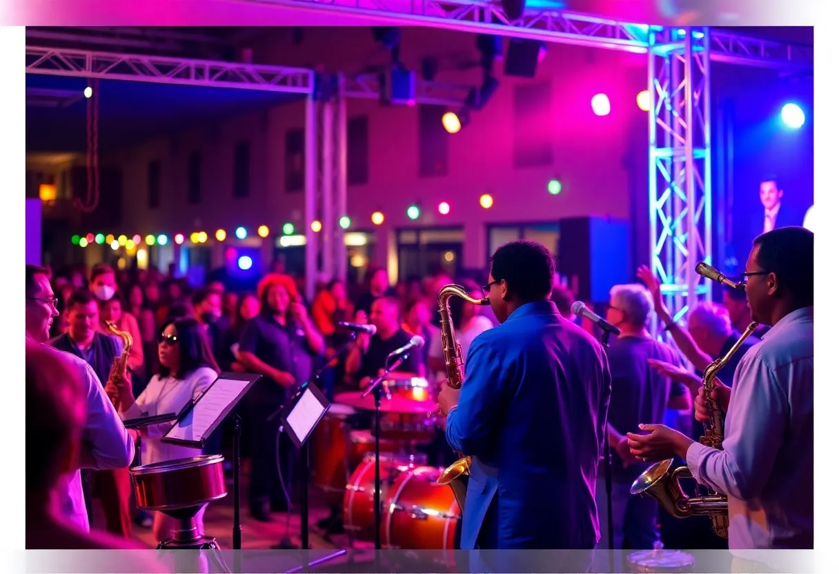 Musicians performing at the Detroit Jazz Festival with a lively audience in downtown Detroit.