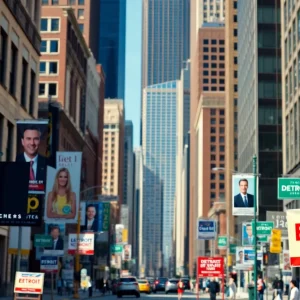 Campaign scene in Detroit with mayoral race signs