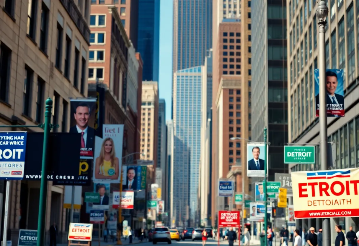 Campaign scene in Detroit with mayoral race signs