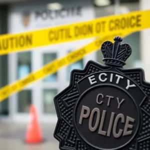 Detroit police badge on a blurred background of a police station