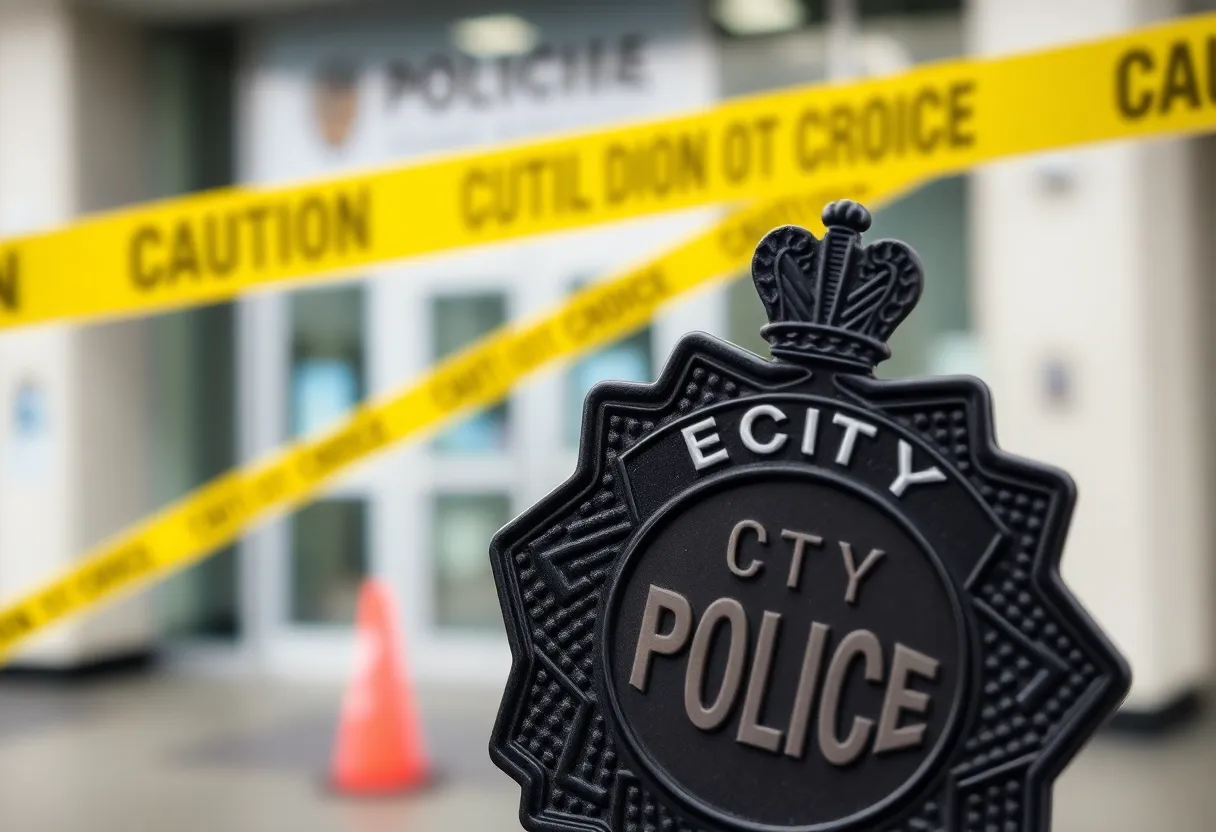 Detroit police badge on a blurred background of a police station