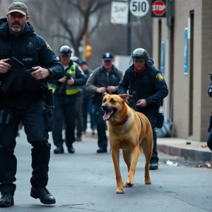 Police officer interacting with a restrained dog during an incident.