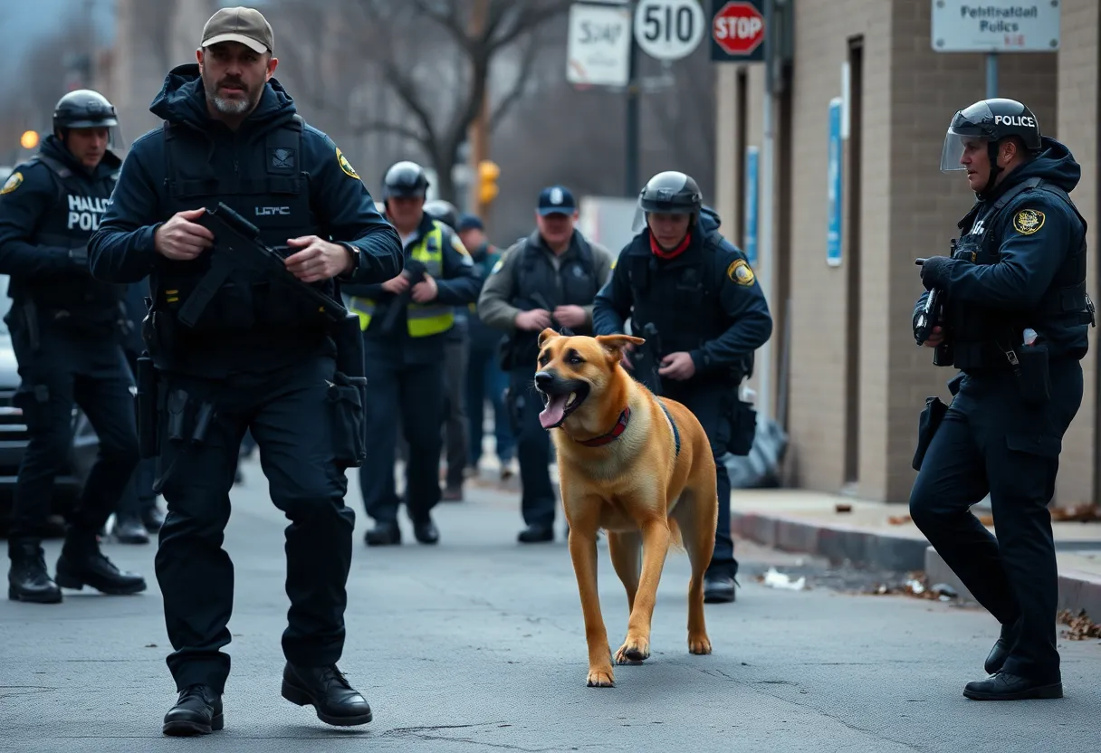 Police officer interacting with a restrained dog during an incident.