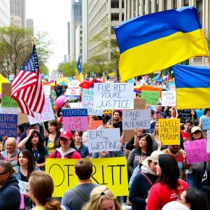 Crowd of protesters holding banners and flags at a demonstration in Detroit.