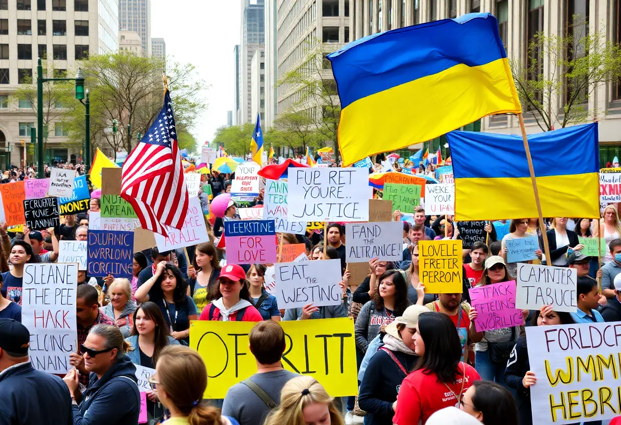 Crowd of protesters holding banners and flags at a demonstration in Detroit.