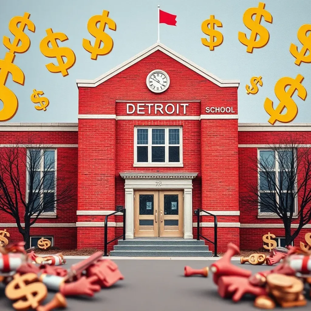 Financial challenges facing Detroit Public Schools depicted with school building and dollar sign symbols.