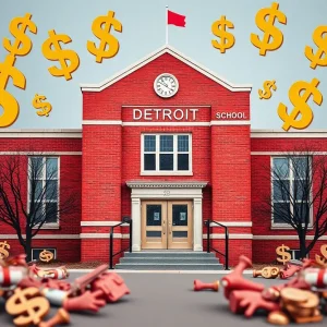 Financial challenges facing Detroit Public Schools depicted with school building and dollar sign symbols.