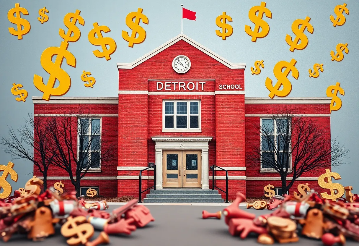 Financial challenges facing Detroit Public Schools depicted with school building and dollar sign symbols.