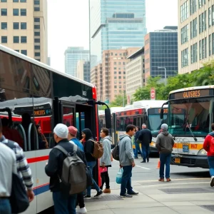 Modern buses at a busy Detroit bus station