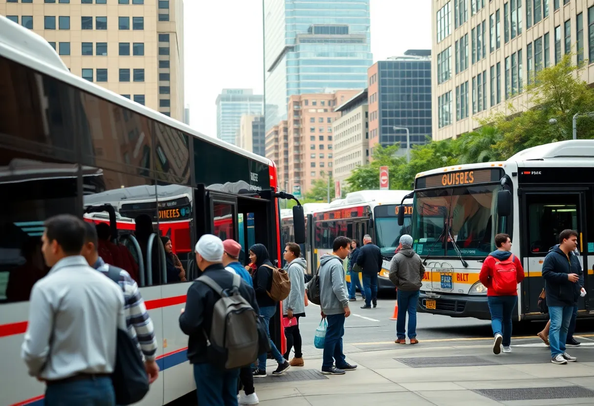 Modern buses at a busy Detroit bus station