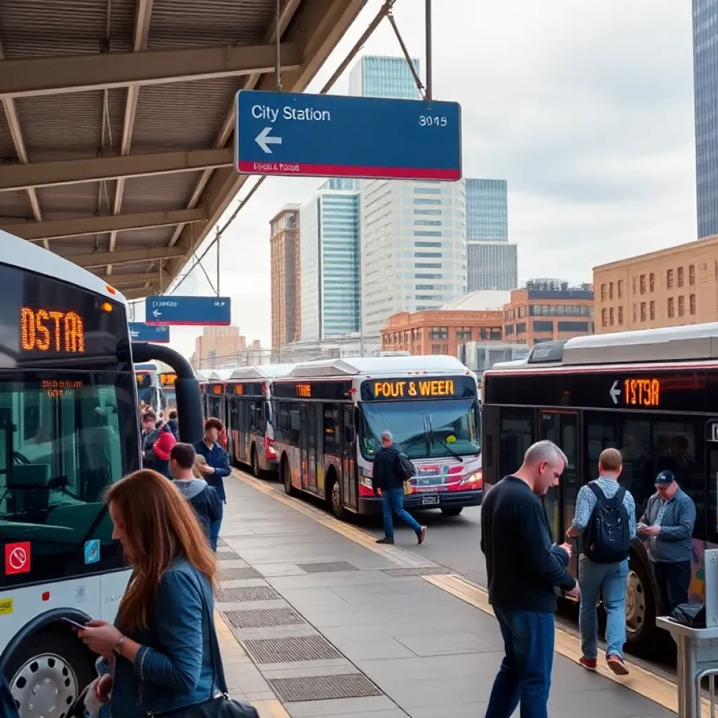 Detroit bus station with modern buses and passengers