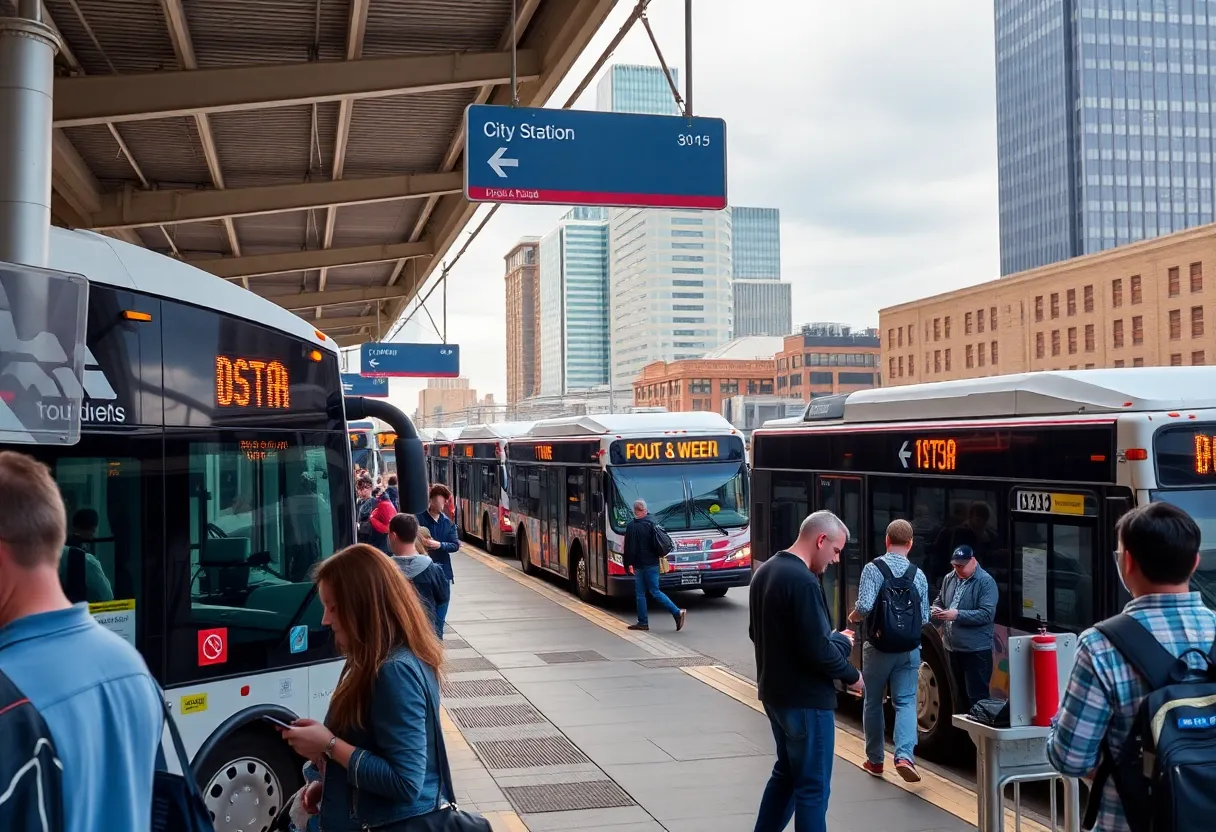 Detroit bus station with modern buses and passengers